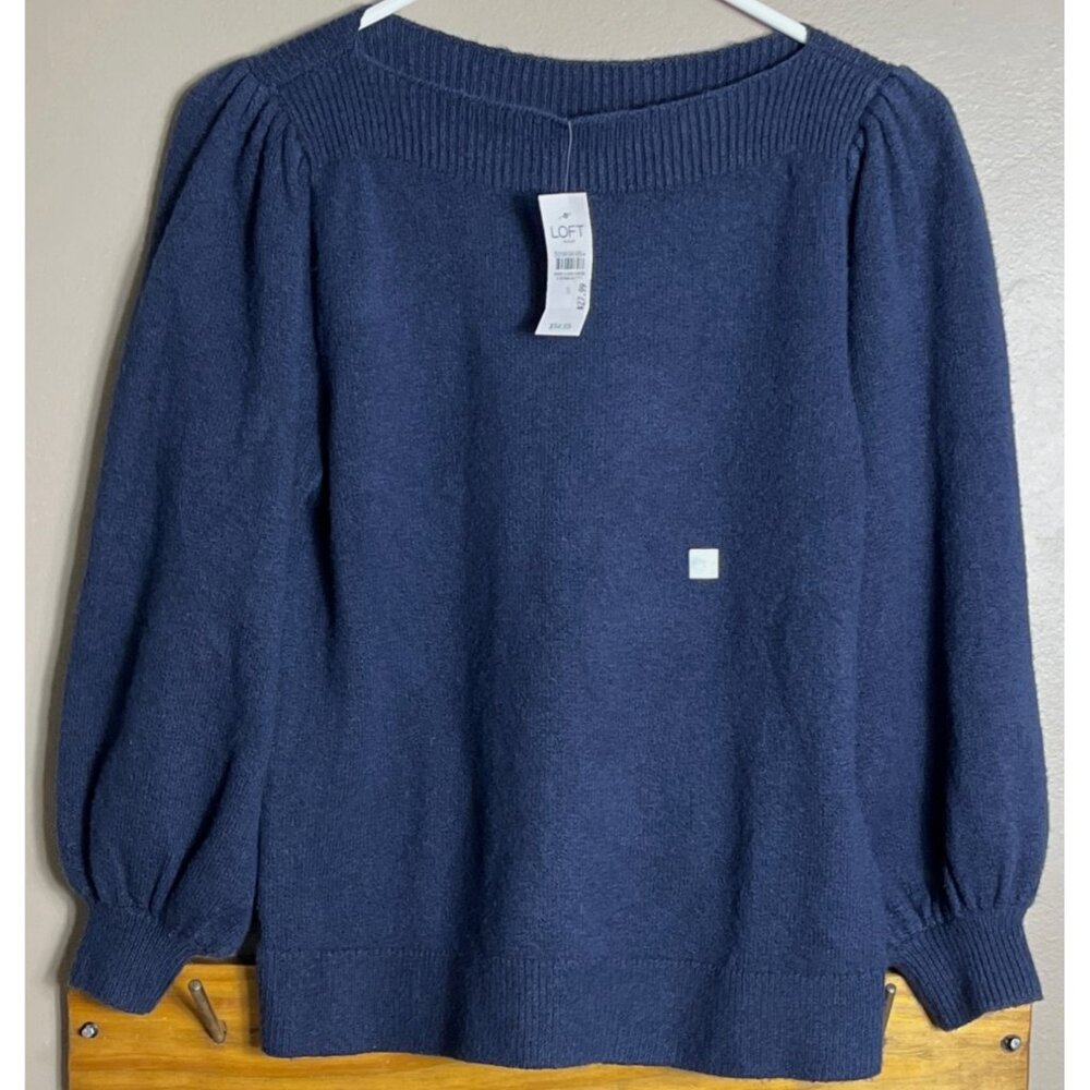 NWT Loft Outlet Sweater Navy Balloon Sleeve Soft Elegant Chic Neutrals Womens S - Picture 2 of 7